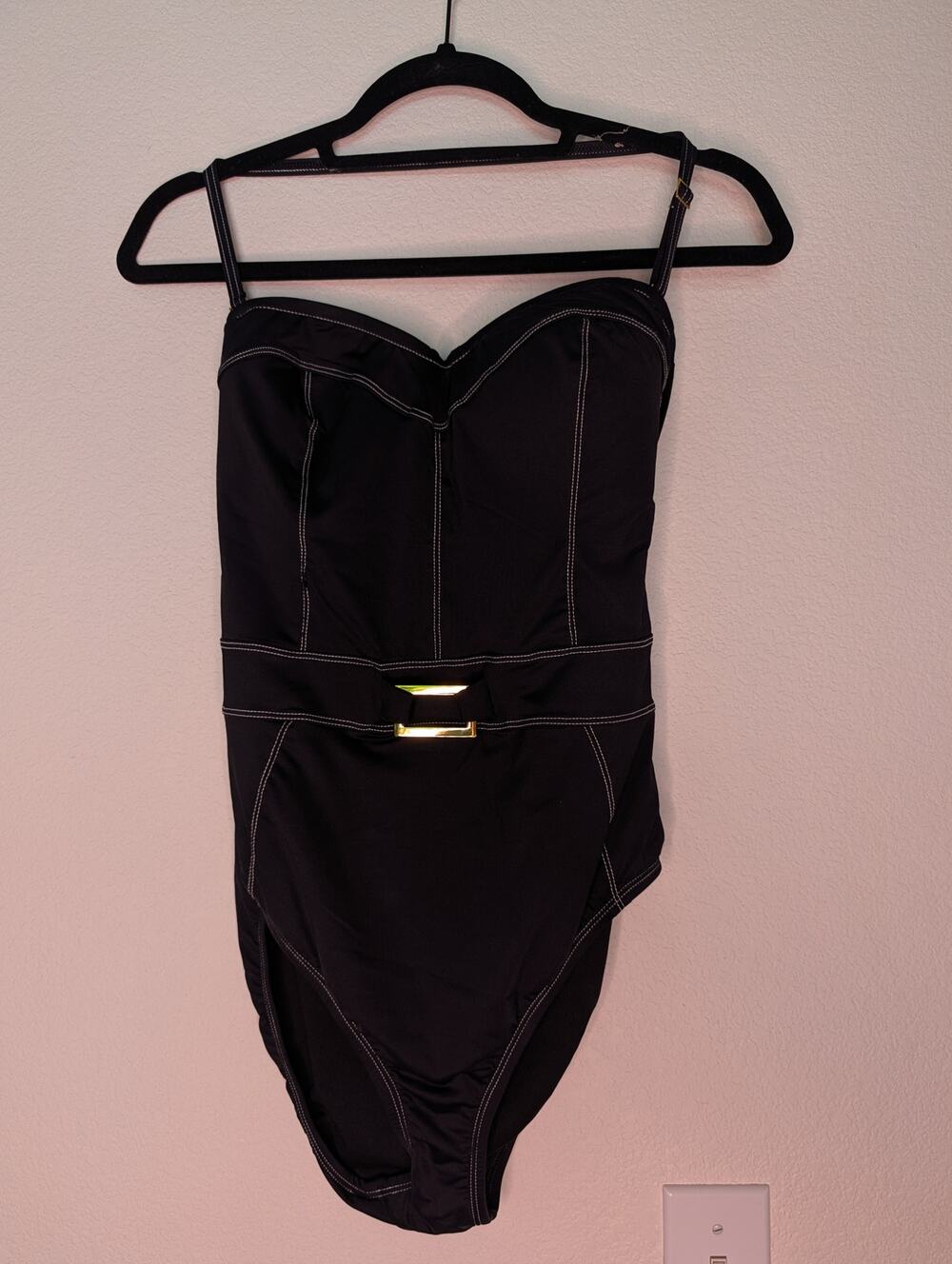 BLEU Rod Beattie NWT A Fine Line Belted One-Piece Swimsuit Black 10 Beach Travel